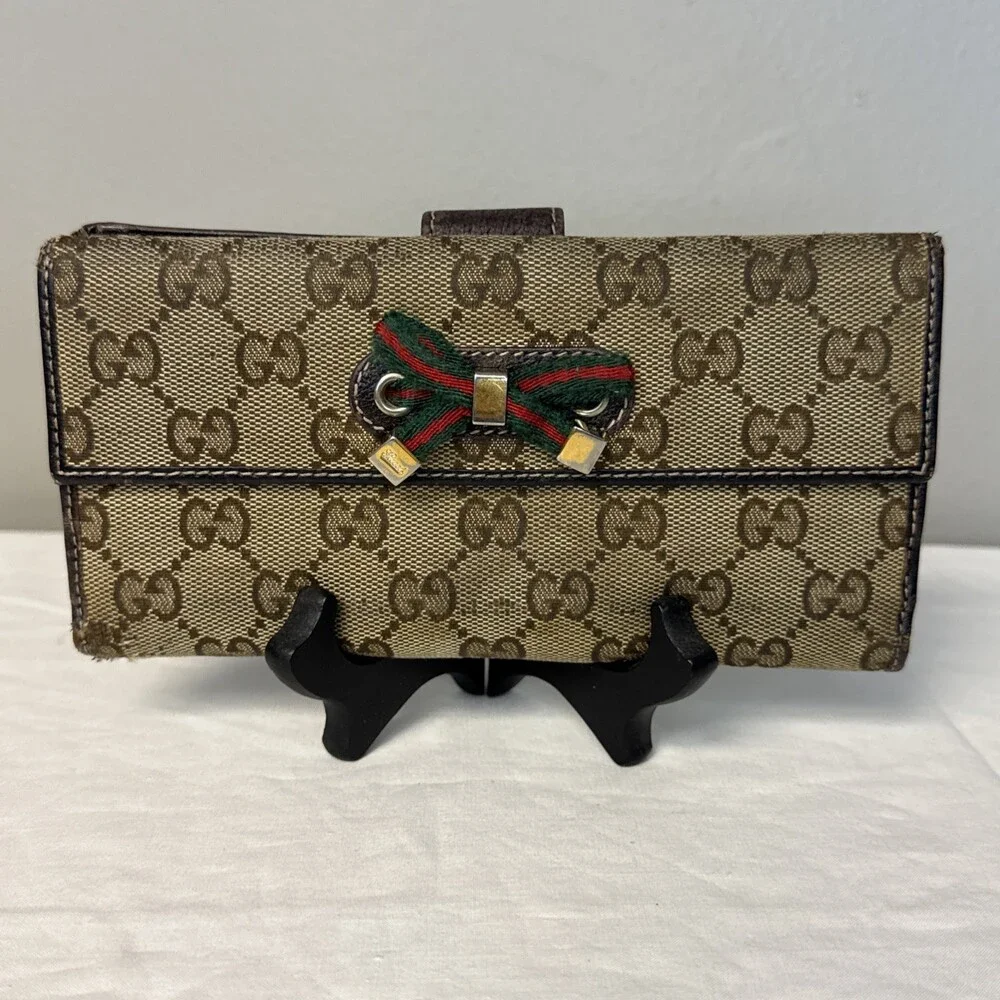 Gucci Princy GG Canvas Bow Long Wallet Beige Bifold Italy - Picture 1 of 11